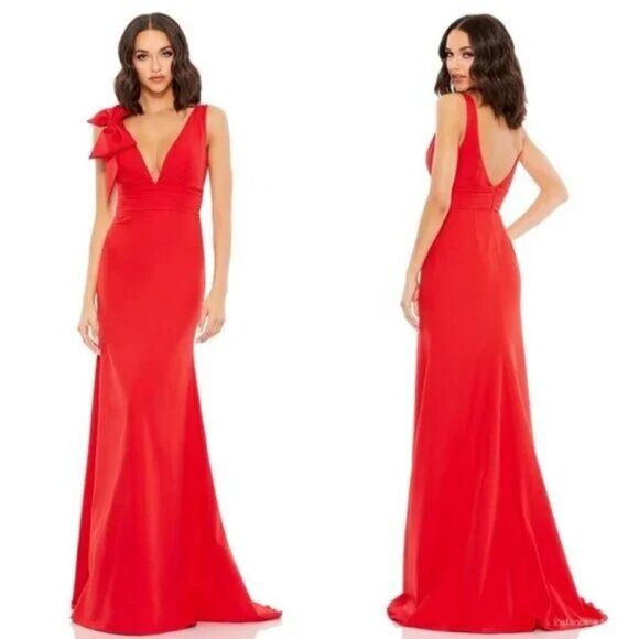 Mac Duggal Bow Shoulder V-Neck Gown Red - Picture 1 of 9